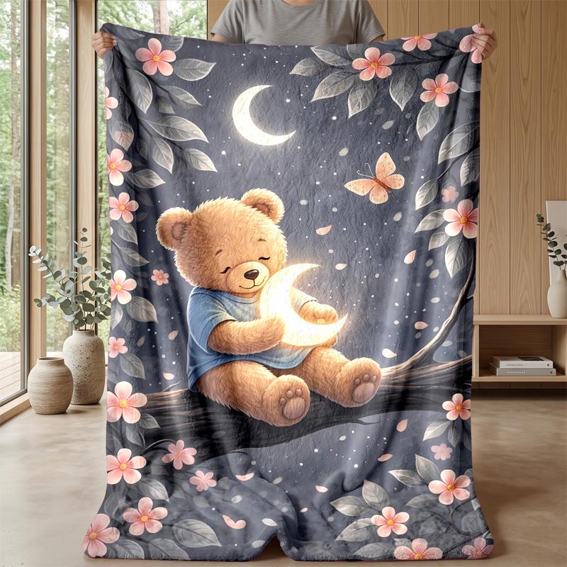 Teddy Bear Hearts Pattern Theme Blanket Lightweight Warm Flannel Blanket Decorative Throw Blanket for Home Decoration