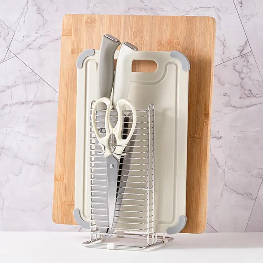 Stainless Steel Wire Knife, Cutting Board, and Scissor Utensil Holder Silver