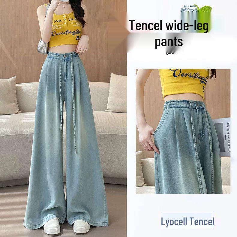 2026 Summer Women s Tencel High-Waist Light Flared Wide-Leg Jeans Extra Small