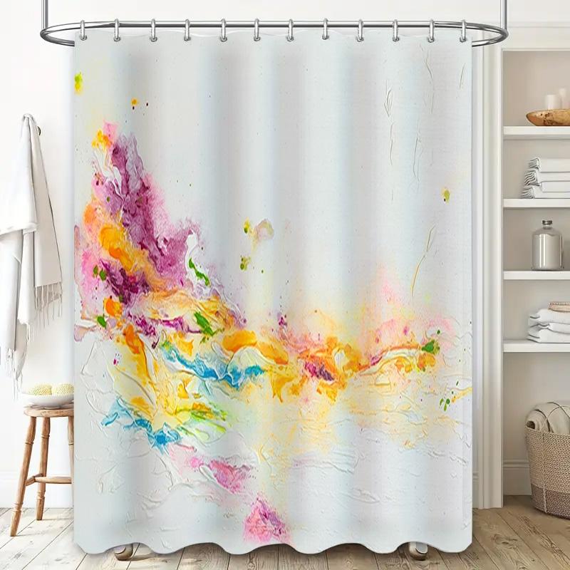 Colorful Watercolor Shower Curtain for Bathroom Decor Modern Design with White Background, Set Includes Rings and Strap Perfect
