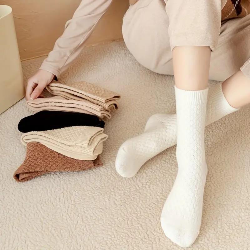6 Pairs Elegant Women Plush Mid Tube Socks Fashionable Autumn Winter Soft Comfortable Warm Plush Solid Color Casual Socks