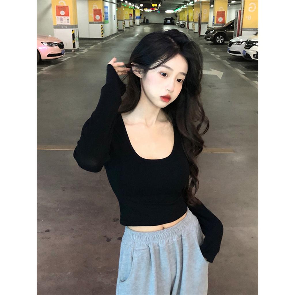 Women's U Neck Long Sleeve T-Shirts Slim Fit Solid Casual Fall Cropped Tops