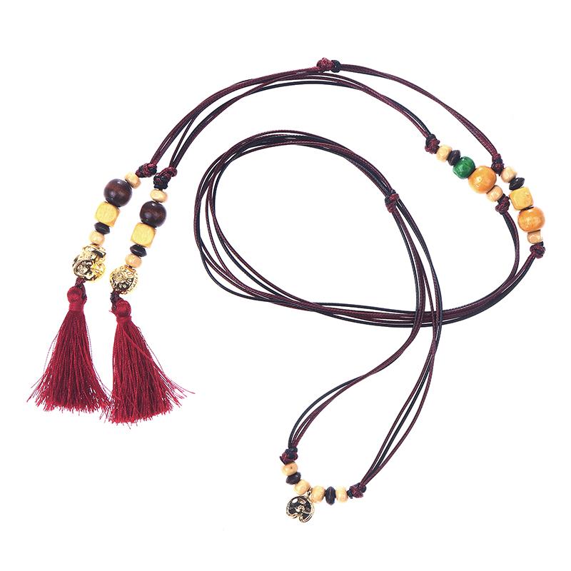 

Деревянные бусины ремень ПУ джинсы декор этнический стиль плетение пояс контрастный цвет регулируемый ретро кисточка поясная цепочка