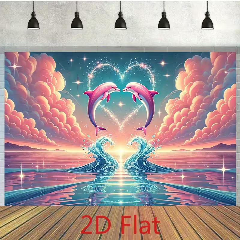

2D Pink Dolphin Heart Backdrop, Romantic Ocean Sunset Photography Backgr 47.2x31.5inch/120*80cm