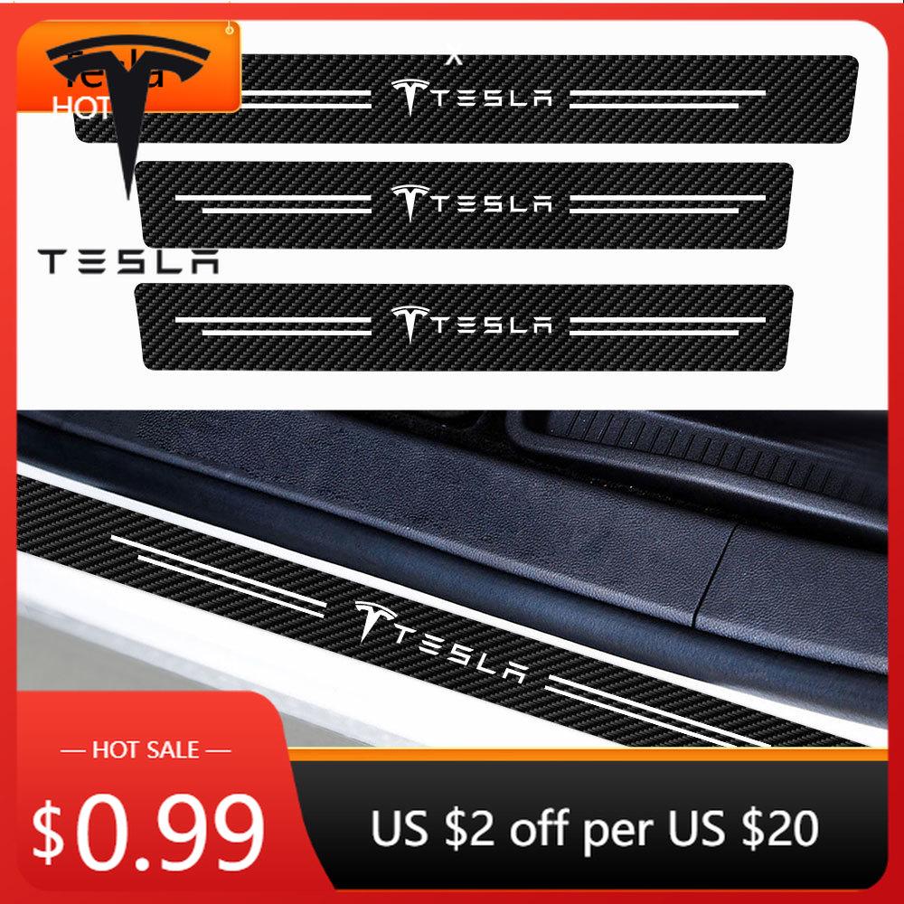 Car Sticker Tesla Car Imitation Carbon Fiber Leather Door Sill Logo Sticker for Tesla Model 3 Y S X Roadster Cybertruck Juguete