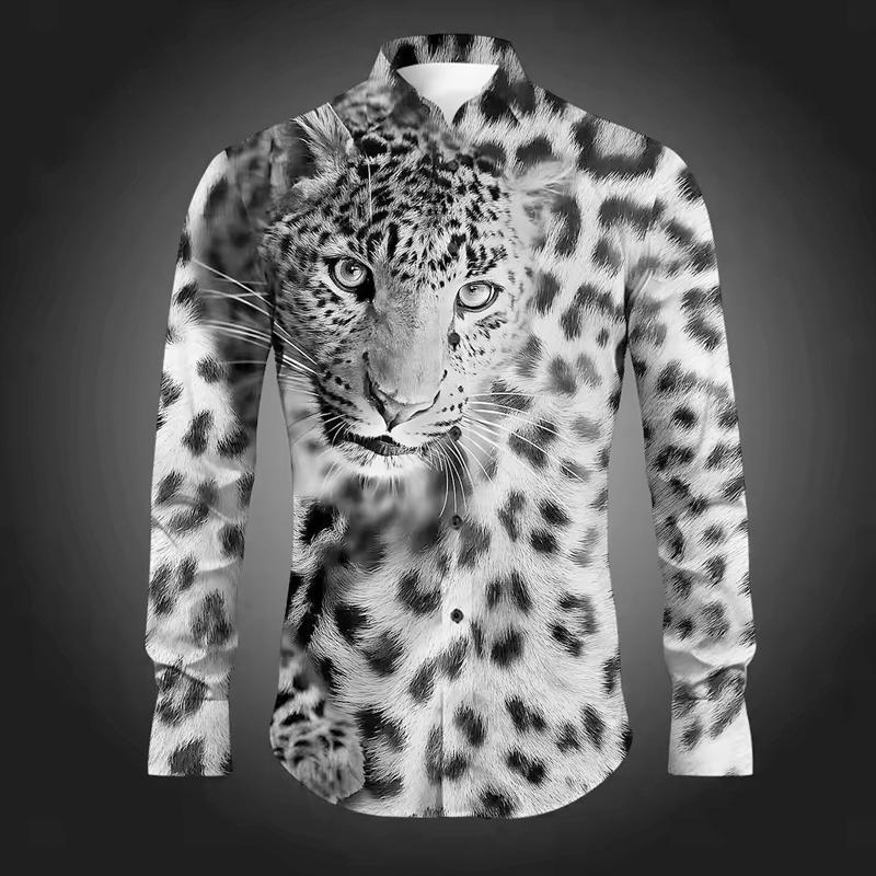 Men Slim Fit Long Sleeve Collared Shirts With Full Body Leopard Spot Texture & Front Leopard Head Motif Embellishment