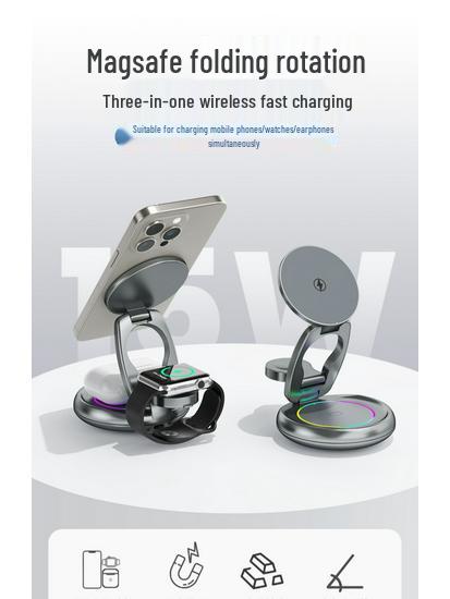 15W 3-in-1 Foldable Magnetic Wireless Charger Stand for Apple Watch, Earphones, and Phone