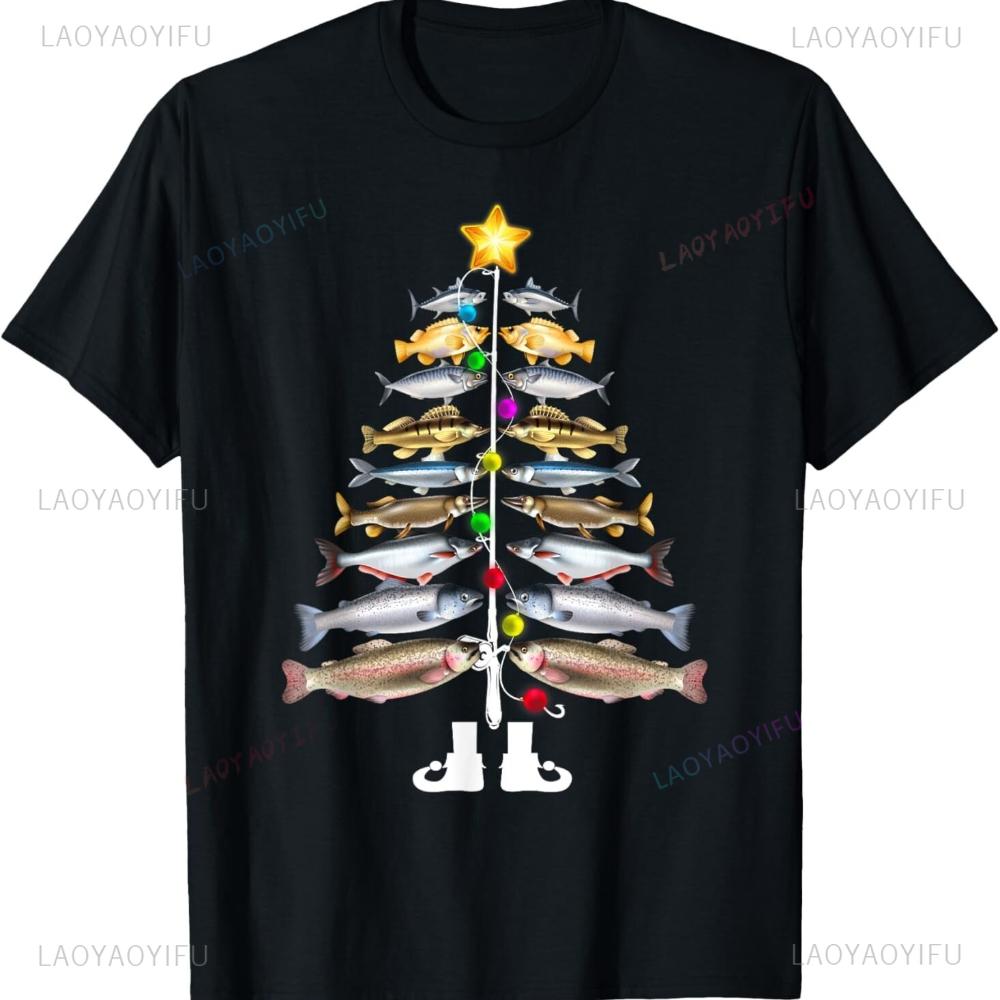 Merry Fishmas Christmas Tree Tshirt Funny A Christmas Tree Made of Fish Graphic Printed Tshirt Unisex Fishing Enthusiast Gift Tops S