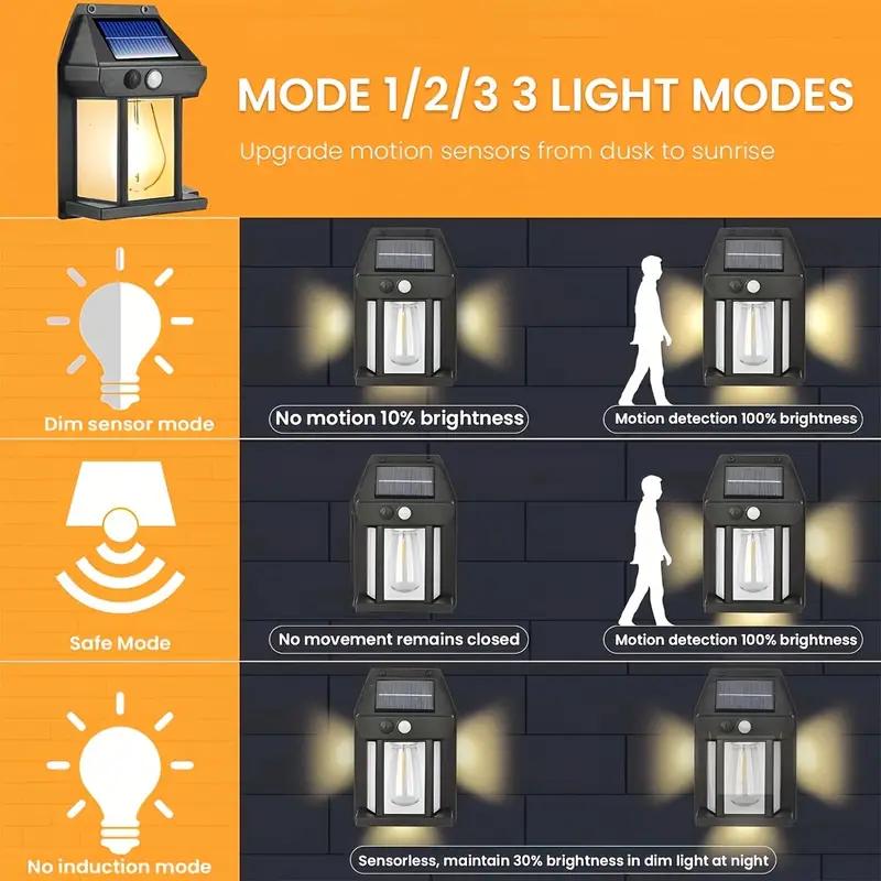 Outdoor Solar Tungsten Light with Motion Sensor Wall Lamp 3 Modes Smart Light Control Solar Lights for Patio Garden Porch Decor