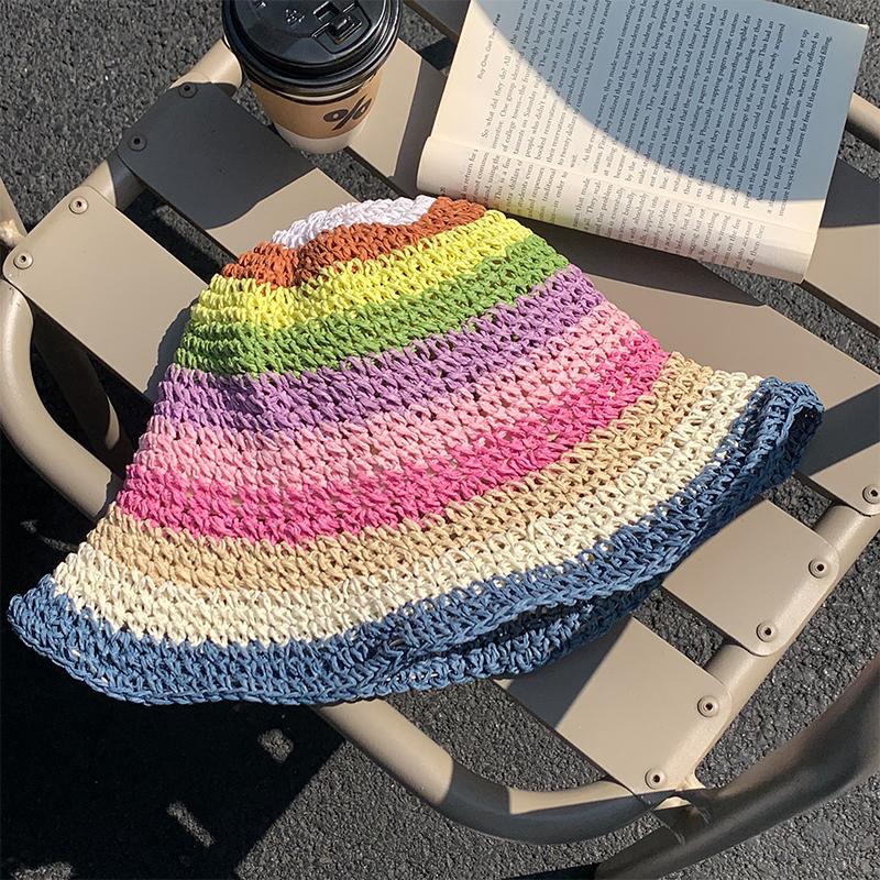 Summer Hats For Women Sun Hat Rainbow Color Straw Bucket Hat Sunscreen Outdoor Travel Beach Casual Bohemia Style 2025 New Sunhat