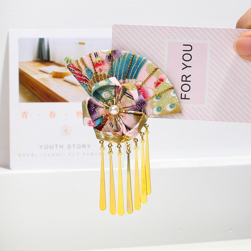 Elegant Kimono Hair Clip Metal Tassel Traditional Fan Shape Hairpin Sakura Flower Cloth Flower Hair Accessories Kids Girls