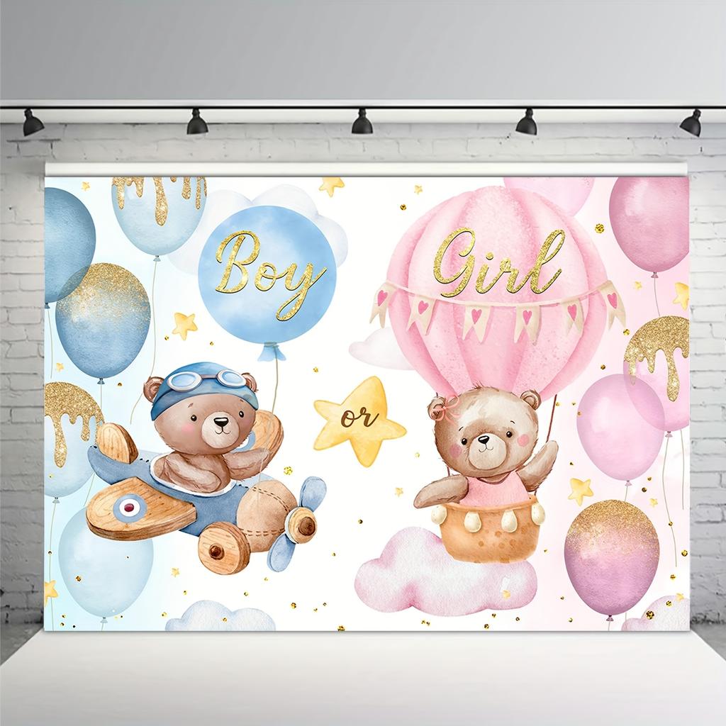 1pc Bear Gender Revelation Background - Blue and Pink Balloons "Boy or Girl" Banner with a Teddy Bear Decoration