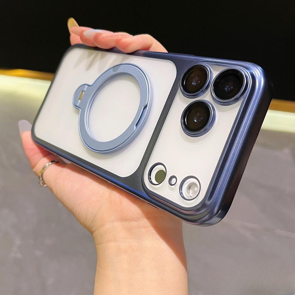 Frosted Electroplated Magnetic Phone Case with Rotating Stand & Lens Protector for iPhone 17 Pro Max