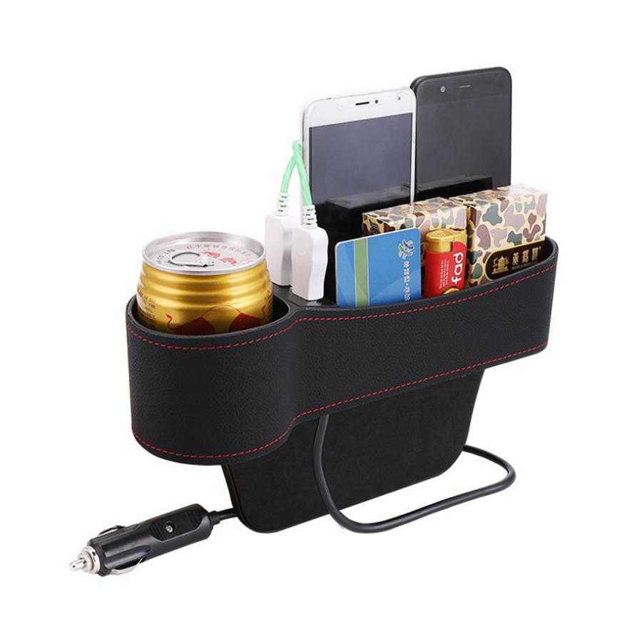 Pgrade Storage Box Car Seat Gap Organizer Pocket PU Leather Auto Seat Side Slit Accessories With 12/24V Cigarette Lighter Drive