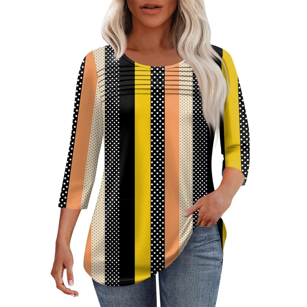 Dámský módní top s kulatým výstřihem, plisovanou přední légou, jednobarevný, s 3/4 rukávy