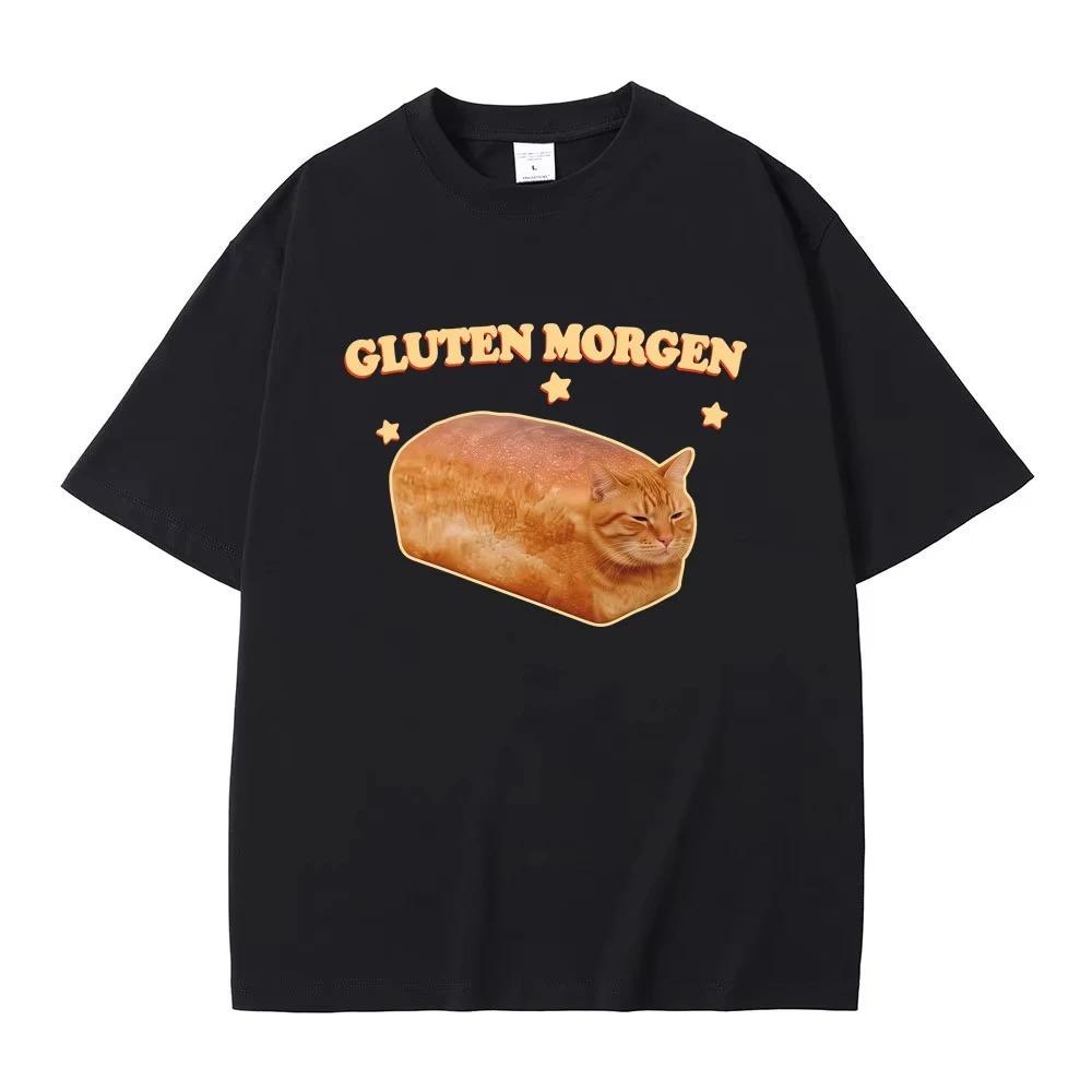 Gluten Morgen Funny Cat Meme Tshirt Silly Cats Humor Tee Vintage Cotton Oversized Unisex Unisex Trendy Ladies Streetwear Tops