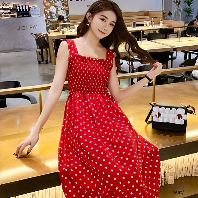 Women's Summer Strap Pleated Chiffon High-rise Mini Polka-dot Print Dress