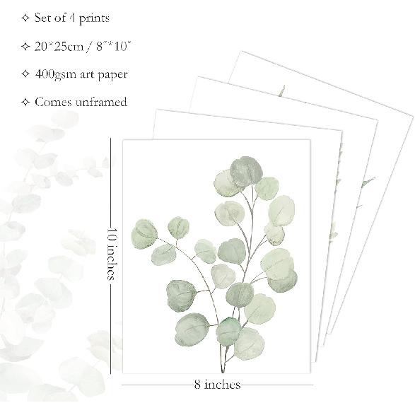 Botanical Boho Bathroom Decor Wall Art Prints, UNFRAMED Sage Green Plants Decor for Bedroom|Office, Minimalist Eucalyptus Leaves Watercolor Art
