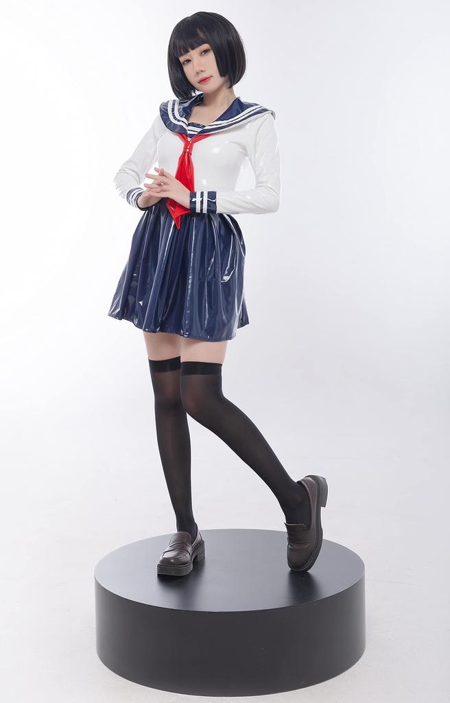 [LOST-G] Mundurek szkolny dla dziewcząt, strój marynarski z długim rękawem, cosplay, dla pań, biały, z granatowym kołnierzykiem w podwójne paski, uroczy, PU laser (L, BIAŁY&GRANATOWY)