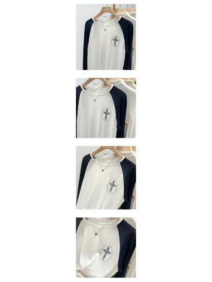 Women's Retro Color Block Crew Neck Long Sleeve Cross Print T-shirt for Autumn/Winter