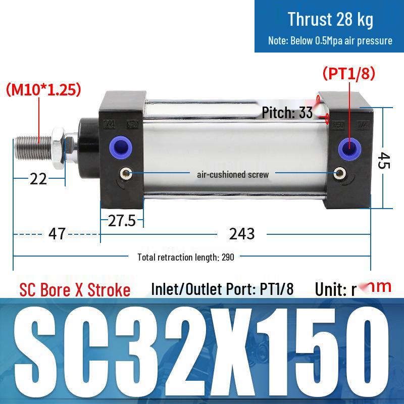 SC63 High Thrust Small Pneumatic Cylinder, Model SC40/50/80/100*125X150X200X500-S