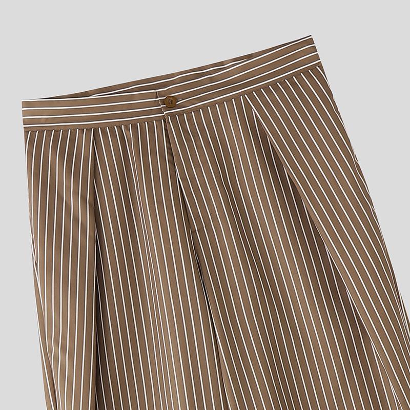 INCERUN Men Casual Zip-up Waist Striped Loose Layers Wide Legs Pants Long Trousers