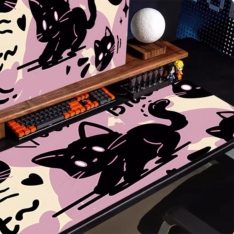 Kawaii Schwarze Katze Muster XXL Gaming-Mauspad, Computerzubehör, Tastatur und Laptop Rutschfeste Gummi-Schreibtischmatte für PC Laptop