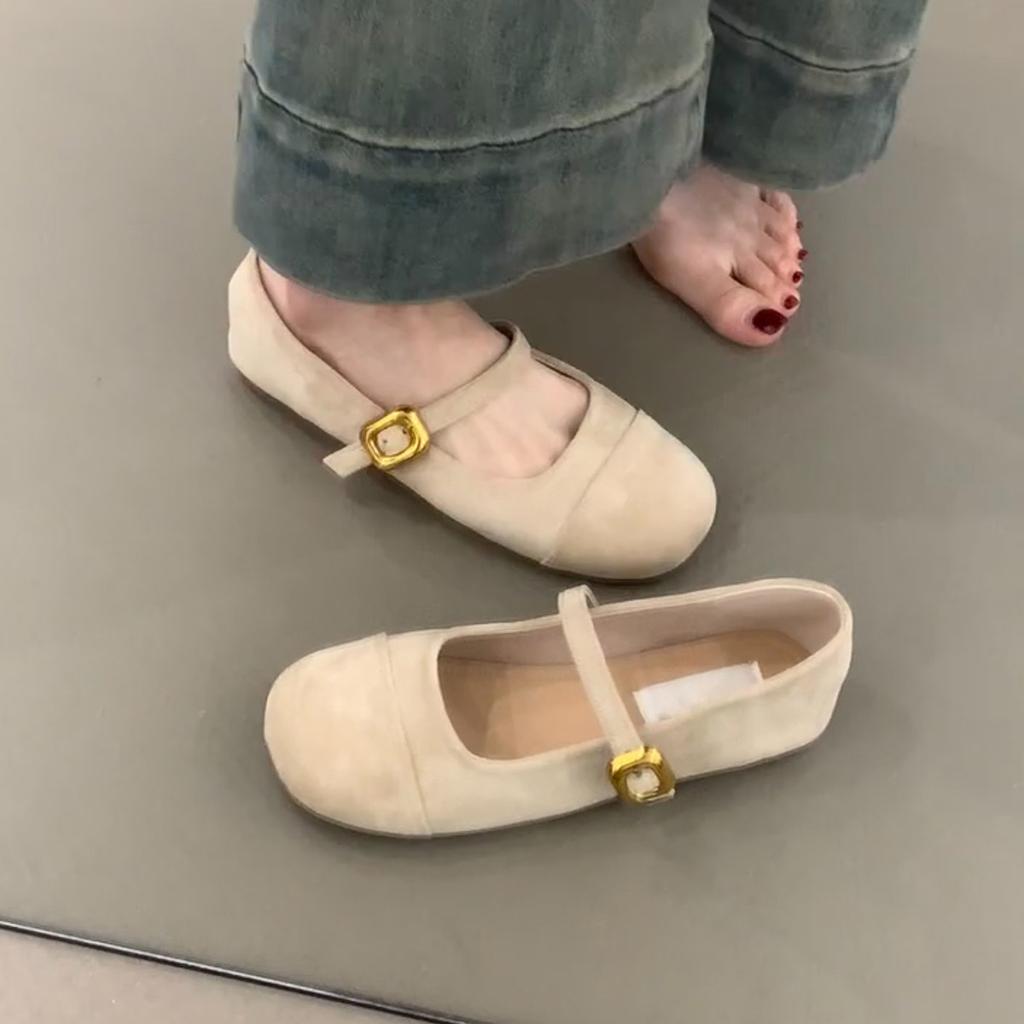 Soft-soled Version~ Retro Simple Style Flat-soled Small Single Shoes Women's Round Head, Shallow Mouth Matte Suede One-word Buckle Mary Jane Shoes