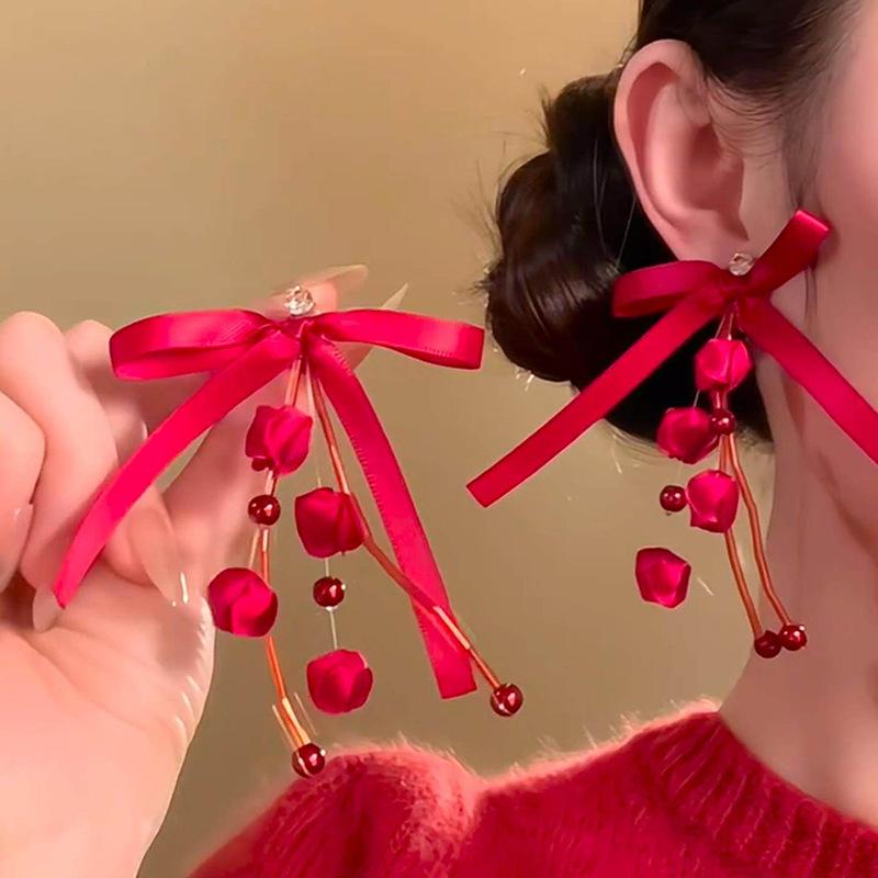 

Exquisite Red Ribbon Pearl Flower Hair Clip Festive Jewelry Set for Women