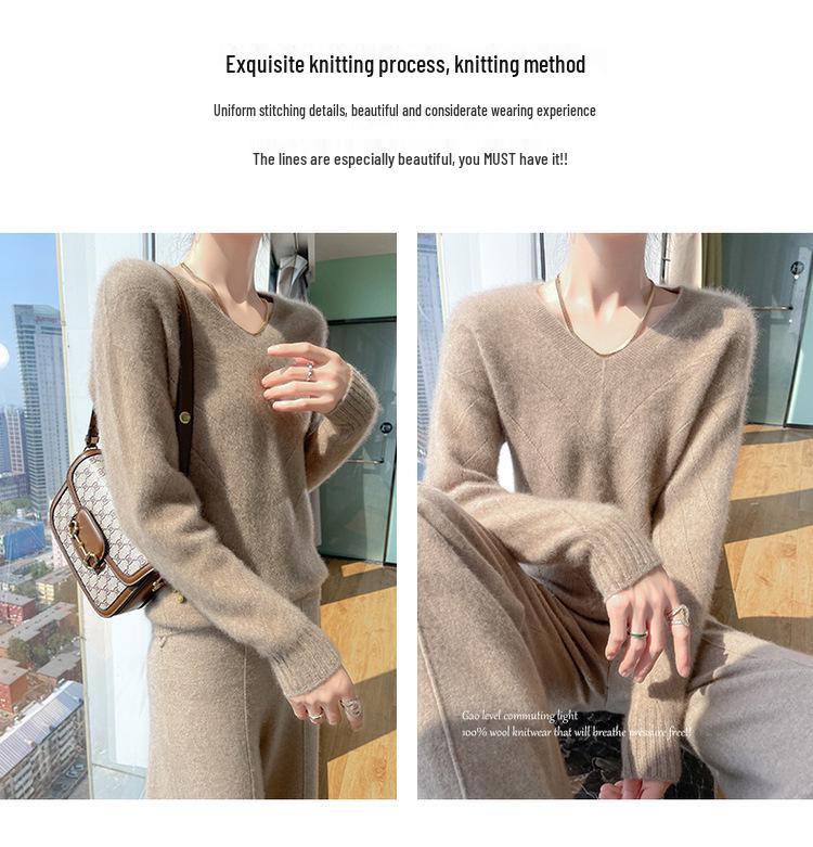 Women's Australian Pure Wool V-Neck Sweater - Autumn/Winter Loose Knit Long Sleeve Outerwear