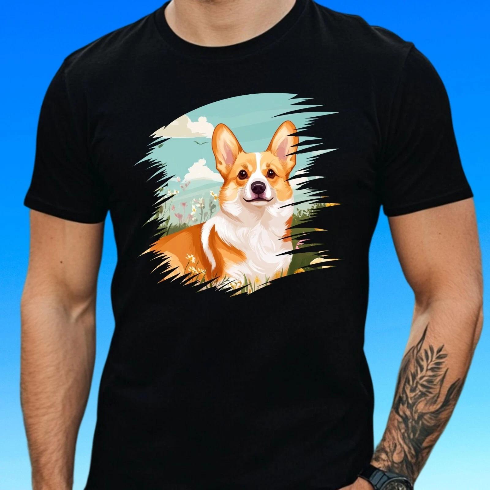 T-Shirt Herren Corgi Hund mit Blumen Motiv Baumwolle Größe S bis 5XL XXXXL
