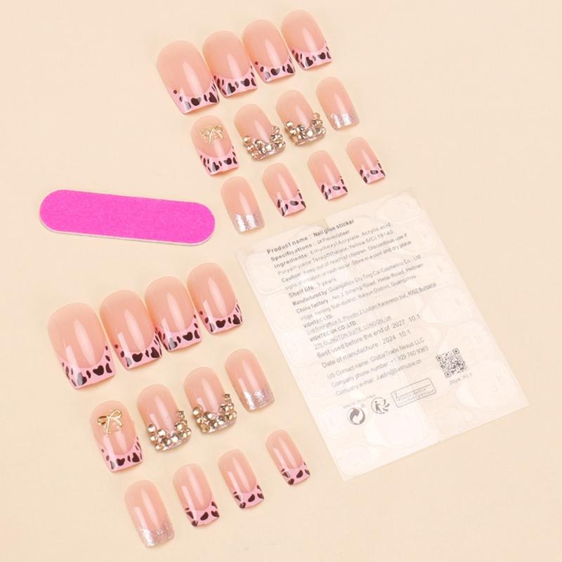 24 Buc. Unghii False Scurte Pătrate Vârf Francez Unghii Drăguțe Presate Unghii Autocolante Manichiură Cu Strasuri Și Fundițe 3D