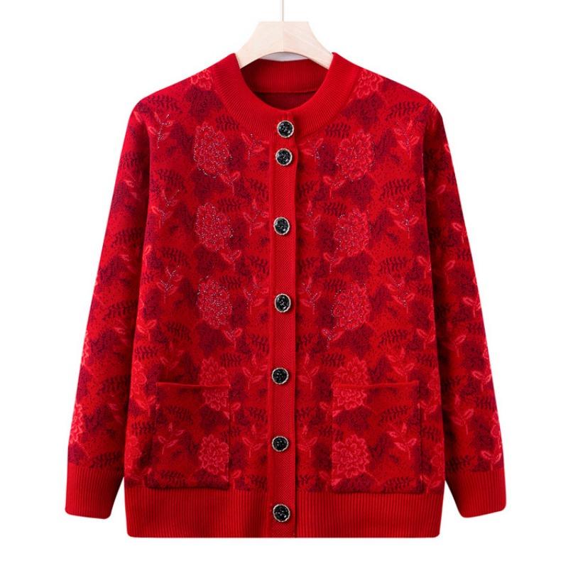 

Пожилая одежда для весны и лета, женский свитер для бабушки, куртка, возрастная, 0, плюшевый утолщенный топ, кардиган для пожилой женщины XL (recommended within 50kg) ярко-красный