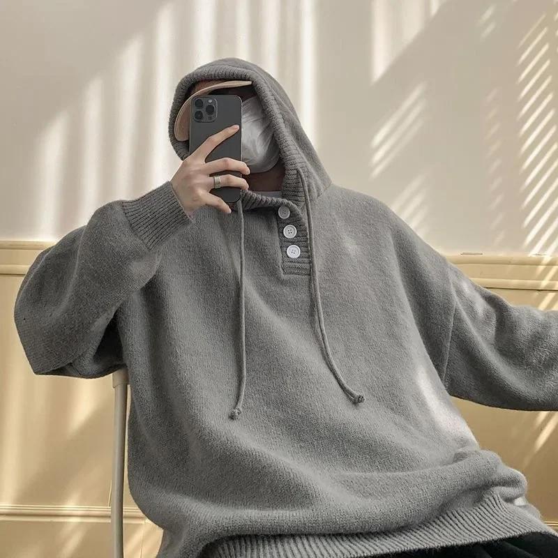 Maglione/Giacca Pullover Casual Retro a Manica Lunga con Cappuccio da Uomo, Colore Unito, Morbido, per Primavera e Autunno