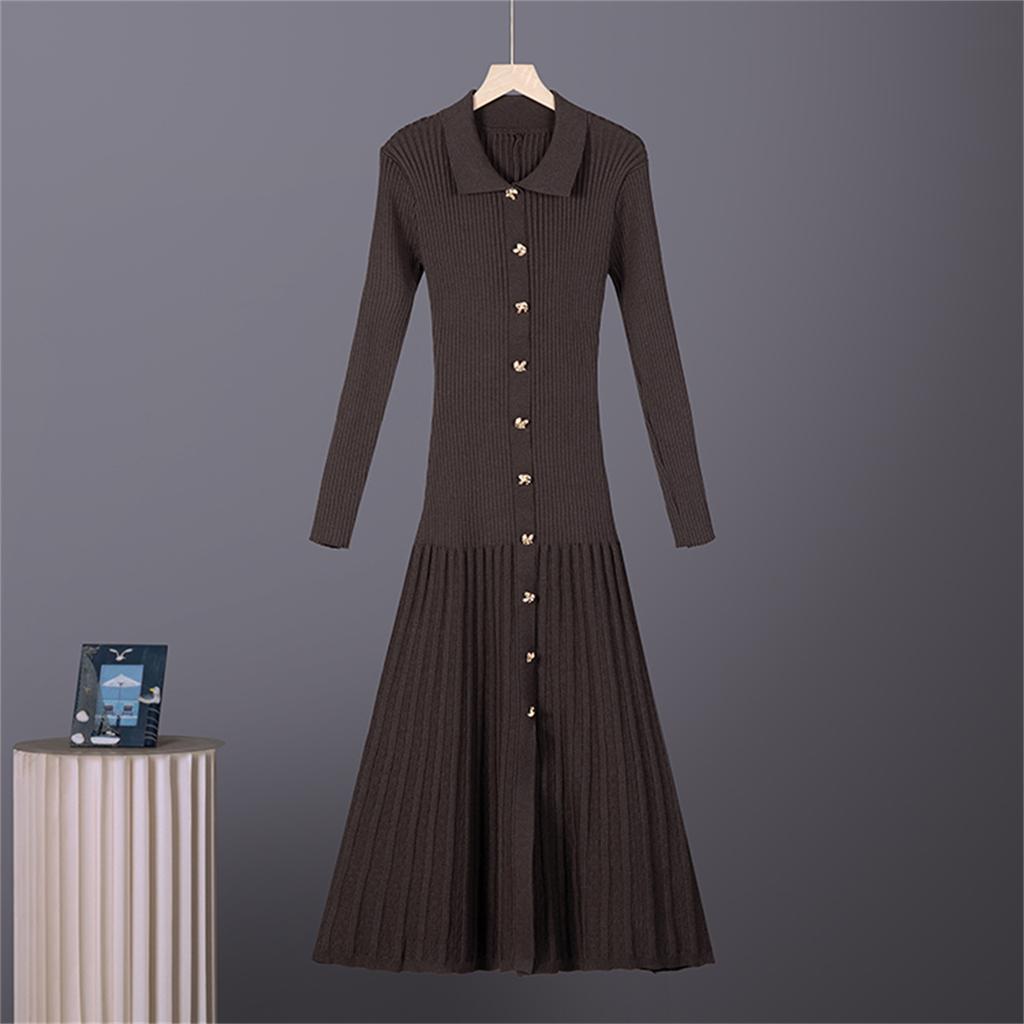 2026 Autumn Winter New Arrival Solid Turn Down Collar Long Sleeve Single-Breasted Slim Knit Dress for Women