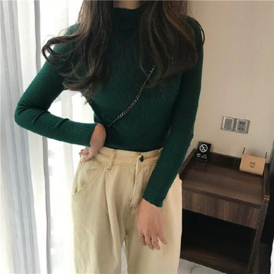 Women's 2022 Solid Color Semi-High Neck Long Sleeve Knitted Sweater