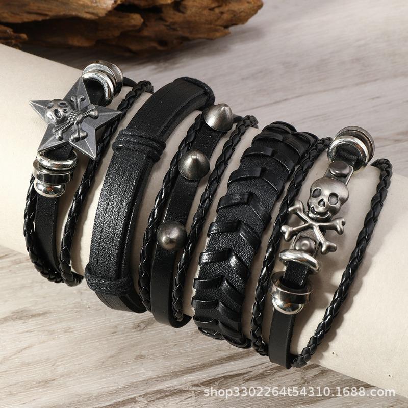 Hot Sale 5-piece Punk Style Handwoven Retro Fashion Big Pentagram Skull Alloy Accessory Leather