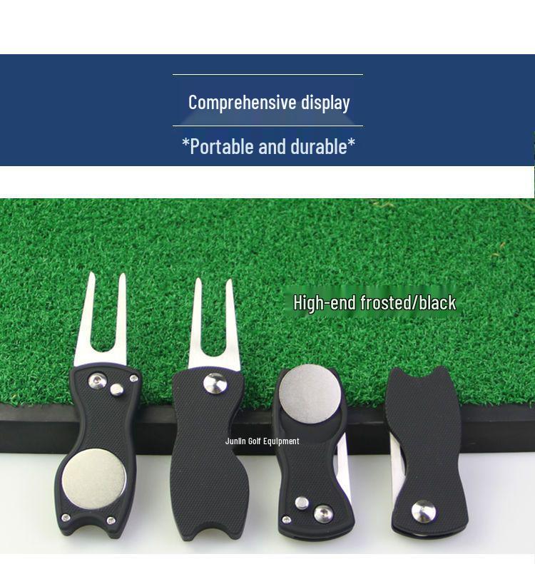 Spring-Loaded Foldable Golf Green Repair Fork with Detachable Marker - Zinc Alloy Construction