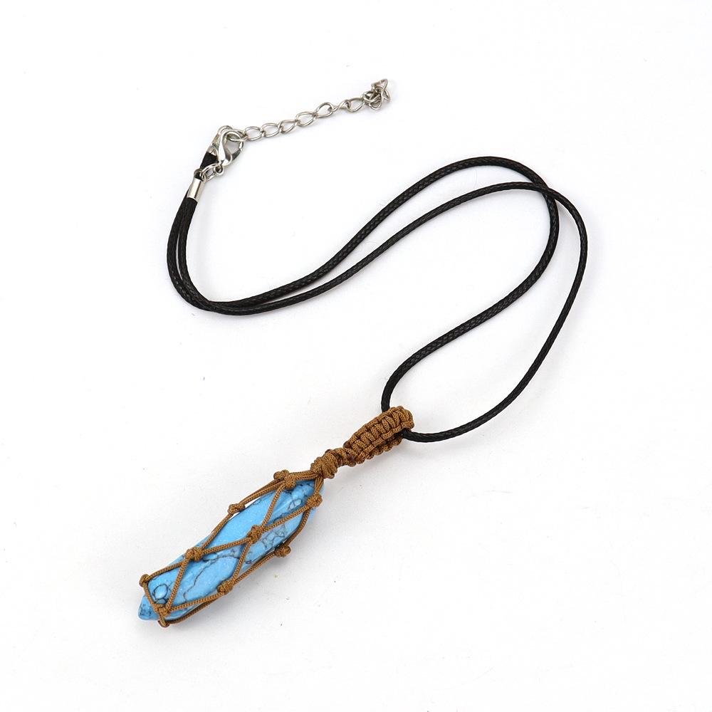 Hand-Woven Double-Pointed Hexagonal Prism Crystal Rough Stone Natural Stone Brown Mesh Pocket Necklace N712