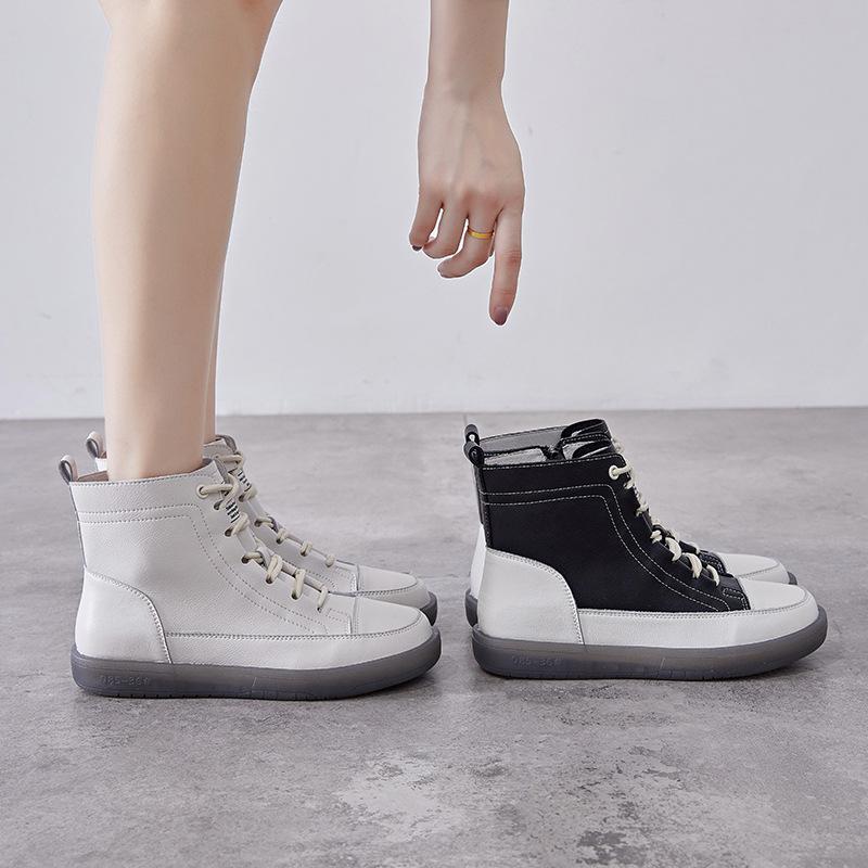 Leather short boots women's 2025 casual versatile flat bottom side zipper high top white shoes women's Internet celebrity popular boots velvet