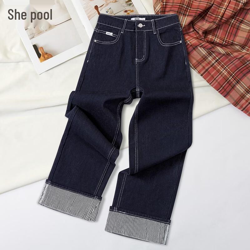 Women s High-Waisted Wide-Leg Rolled-Cuff Ankle Denim Jeans M
