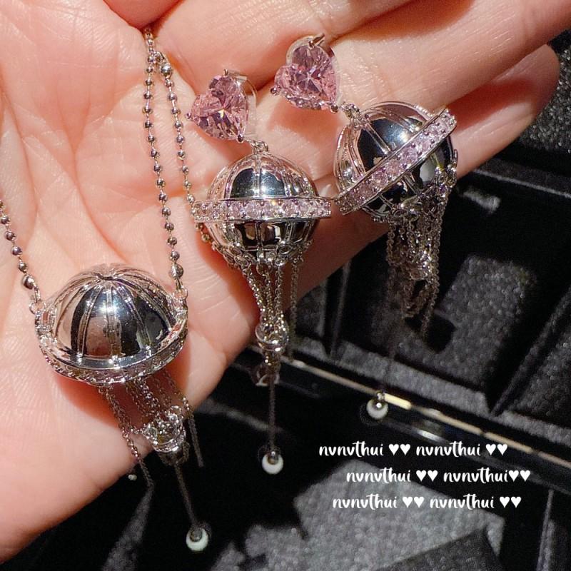 Vintage Heteluchtballon Hart Zirconia Ketting Kwastje Oorbellen Set Dames Franse Retro Stijl Sieraden