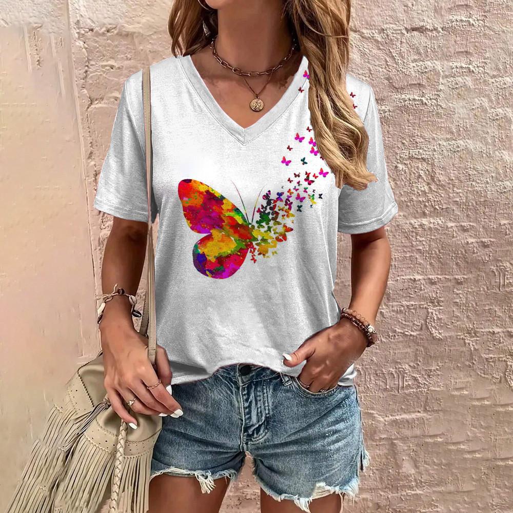 Daily Lightweight Women's V-neck Short Sleeved Top Fashionable And Comfortable Street Butterfly Pattern Printed Large T-shirt