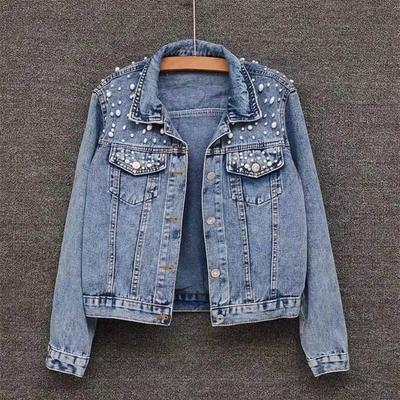 Winter Women Jacket Bead Decor Plus Size Long Sleeves Turn-down Collar Chest Pockets Button Closure Coat Short Type Casual Streetwear Denim Coats