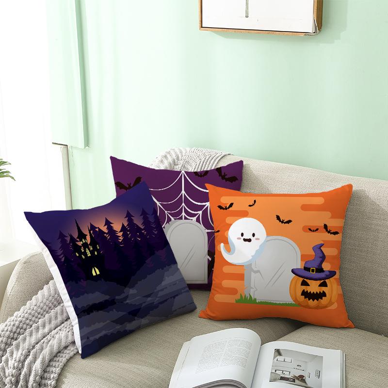 Home Cartoon Pumpkin Head Halloween Pillow Cover Peach Velvet Cushion Cover Office Sofa Cushion Cover