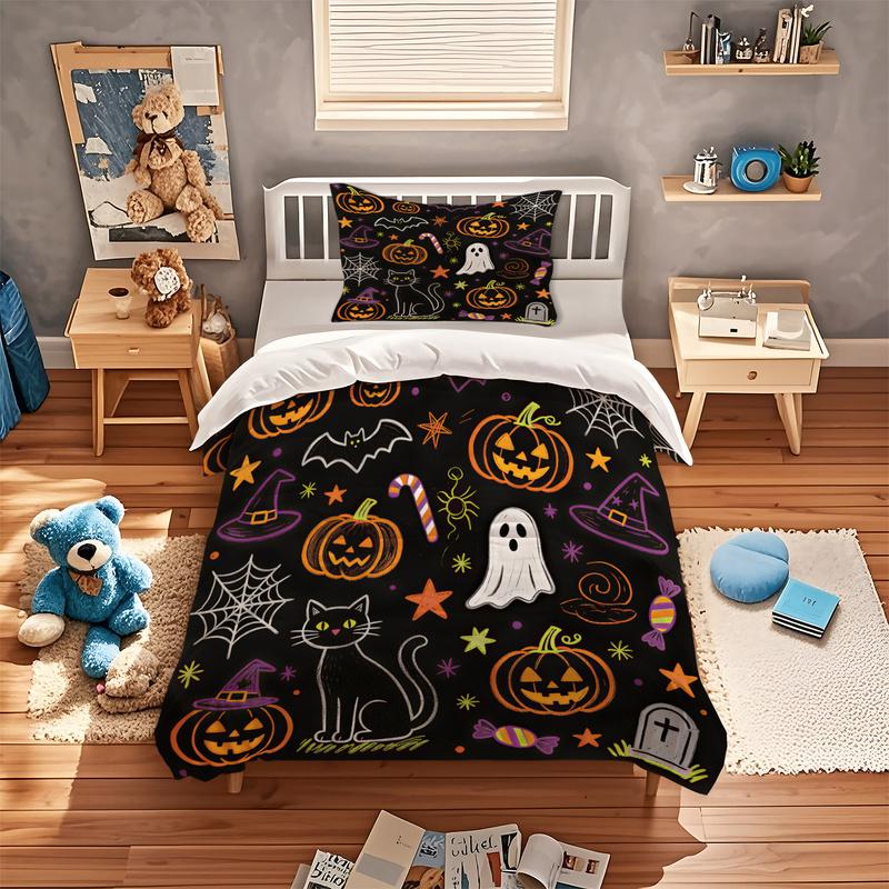 Cute Halloween Duvet Cover Set Cartoon Ghost Black Cat Pumpkin Tombstone Print Bedding Set Fashion Quilt Cover Set Bedroom Decor