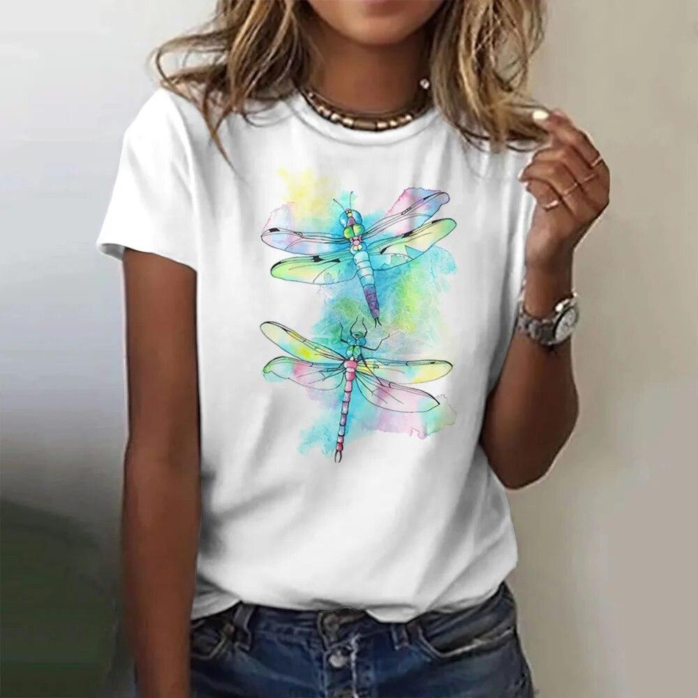 Damska koszulka 3d Dragonfly Printed Girls Top Street O-Neck z krótkim rękawem modna koszulka letnia codzienna koszulka dla kobiet