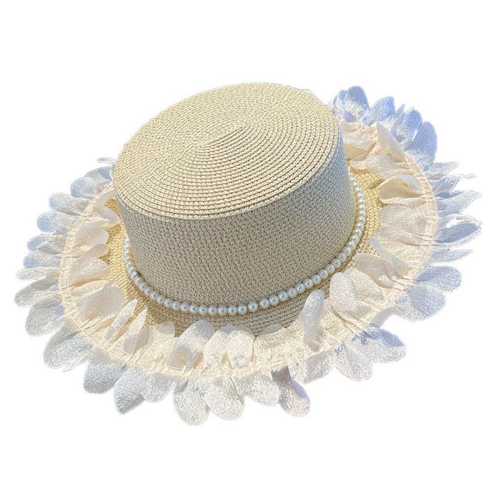 Wide Brim Flat Top Hat Pearl Trim Summer Hat New Straw Sun Hat for Beach and Daily Wear