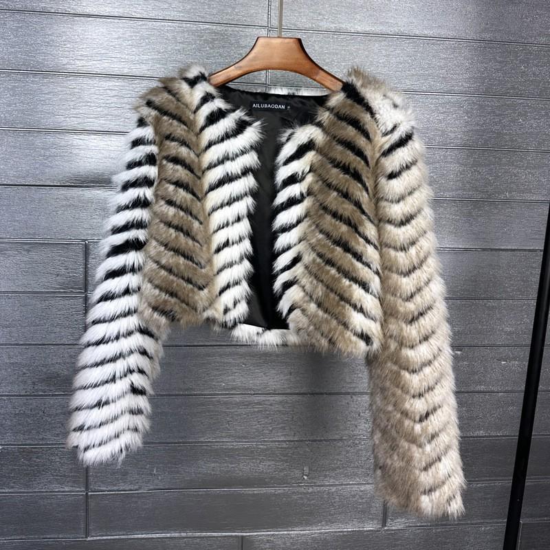 Faux Fur Cropped Coat Womens Dye Tip Jacquard Streetwear Short Jacket