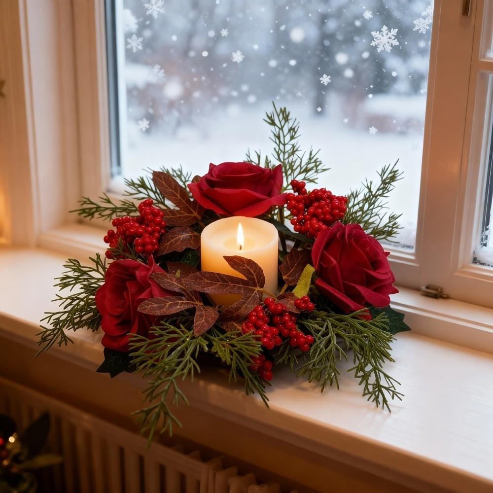 Bow/Flower Christmas Candle Ring Candlestick Wreaths Fireplace Mantel Decor